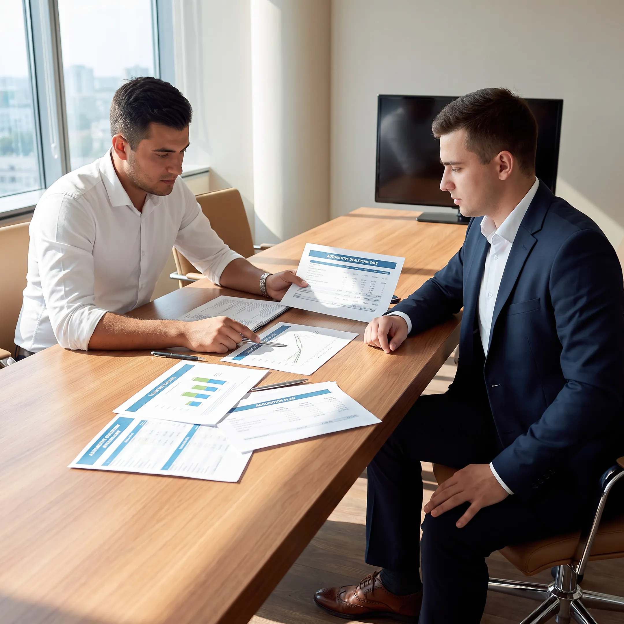 Business brokers reviewing automotive company financial documents with a client