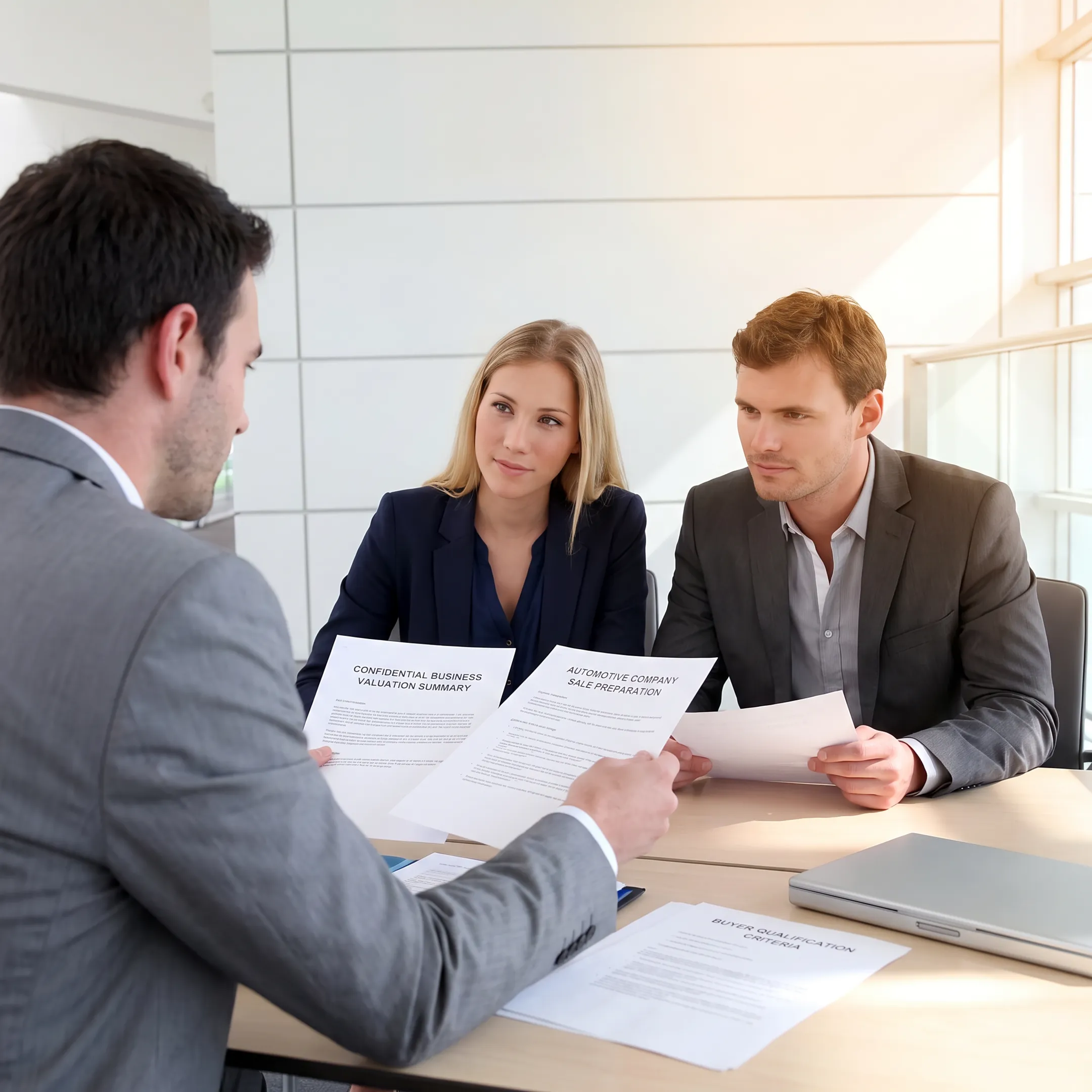Business advisor discussing an automotive company acquisition with a client