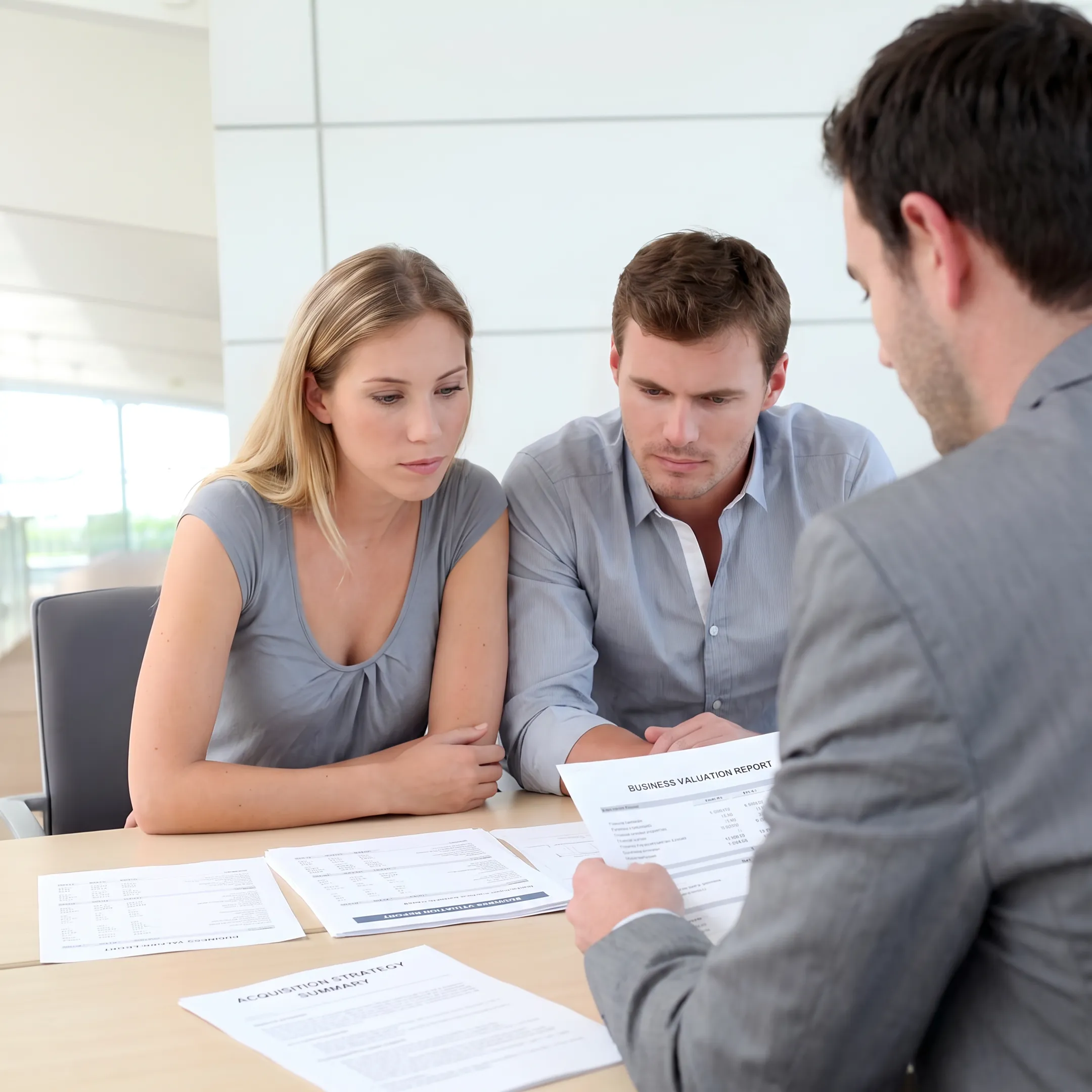 Business broker reviewing company financial documents with a business owner in a professional office