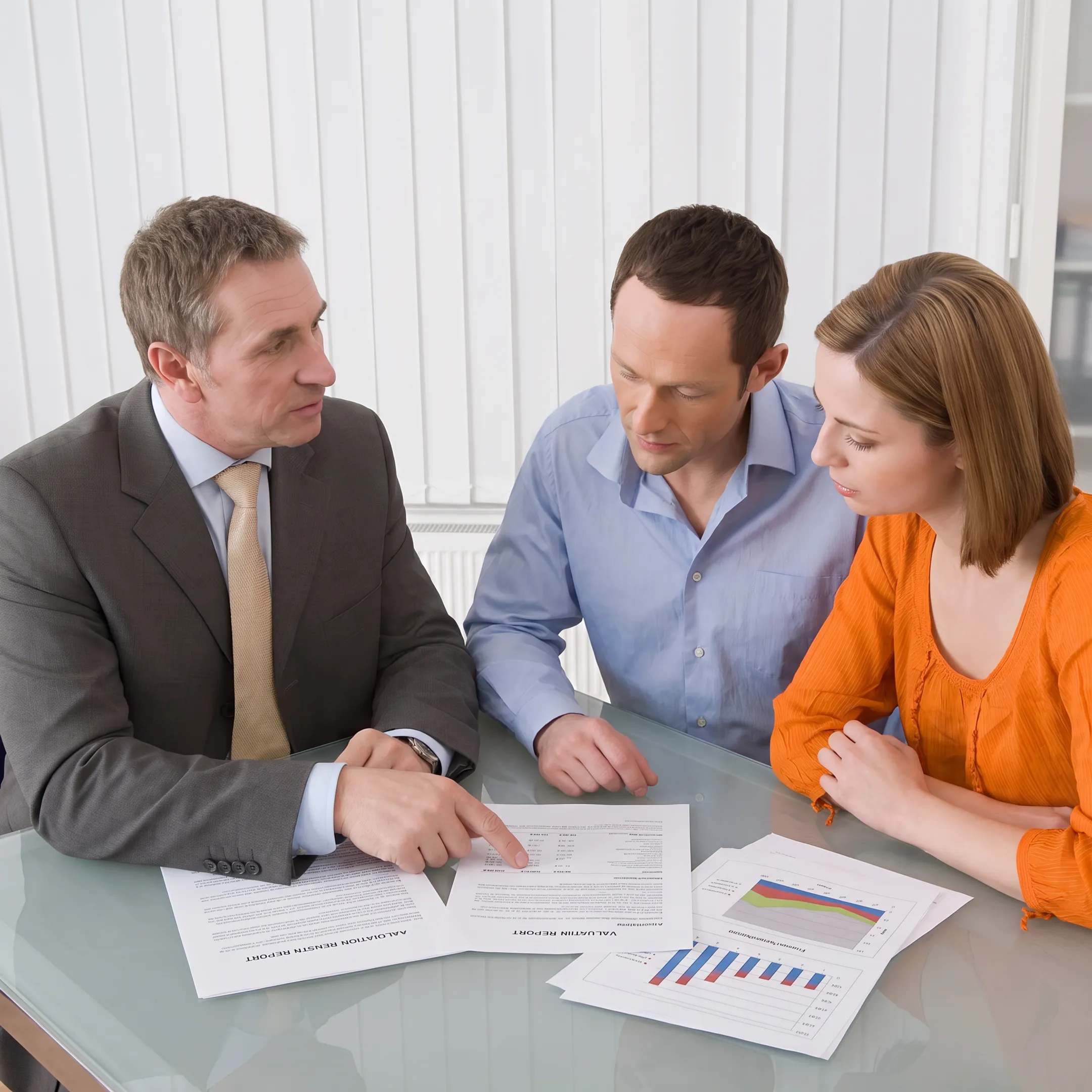 Business advisors reviewing acquisition documents with a business owner in a professional office