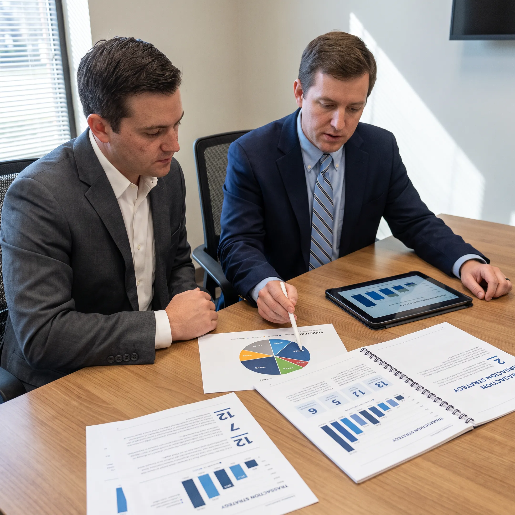 Advisor explaining business valuation findings to an owner reviewing transaction options