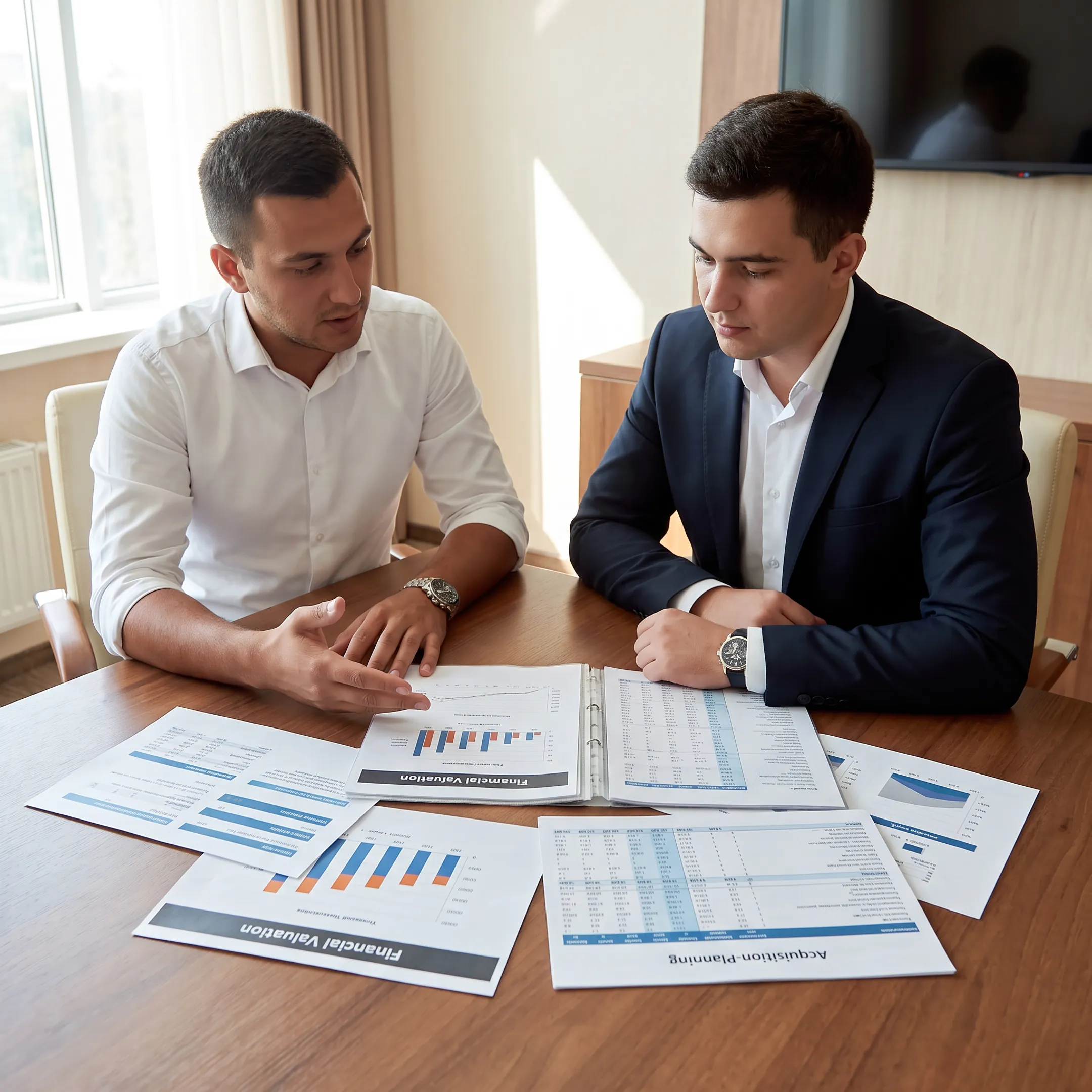 Business broker reviewing property management company financial documents with a business owner