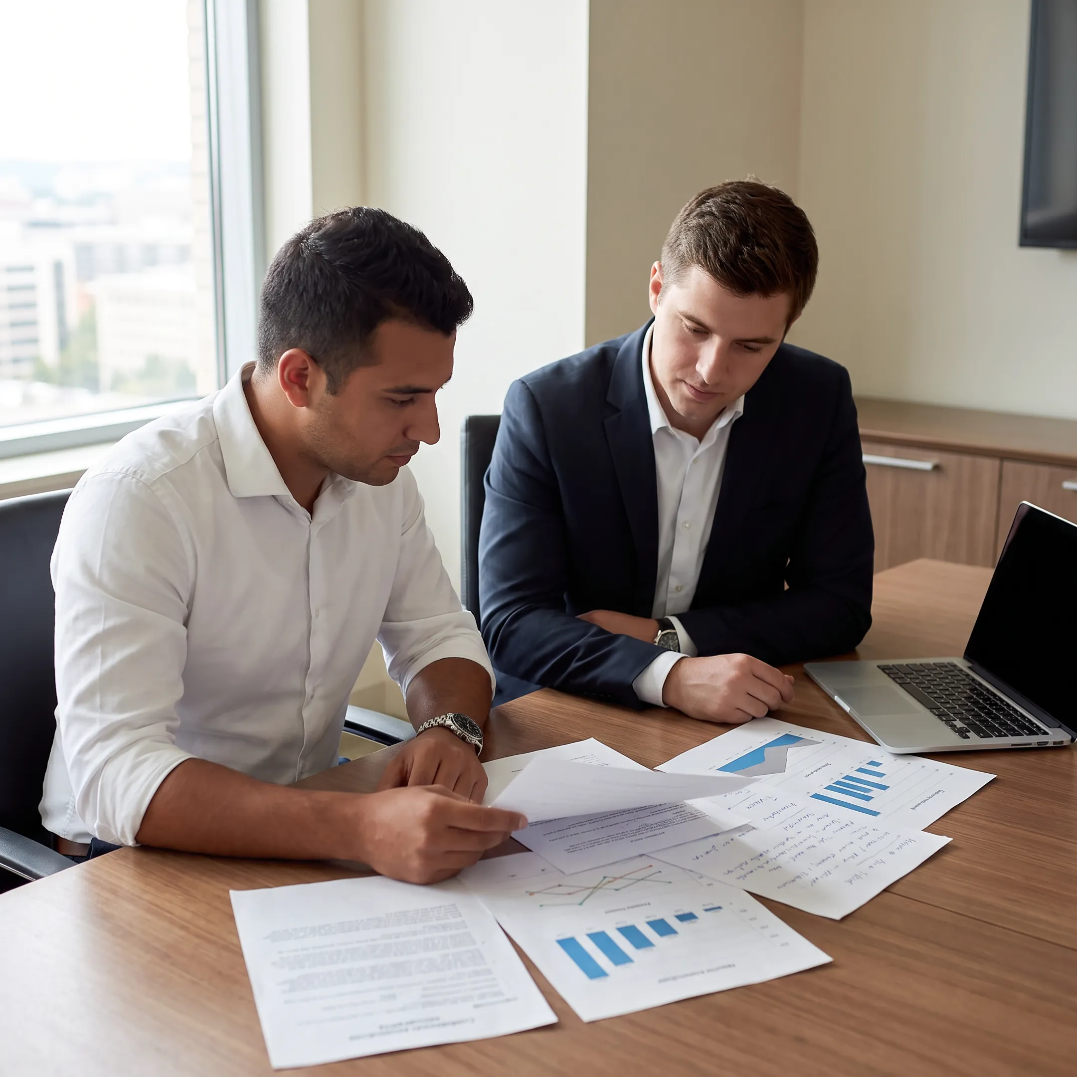 Business broker reviewing acquisition documents with a client in a professional office