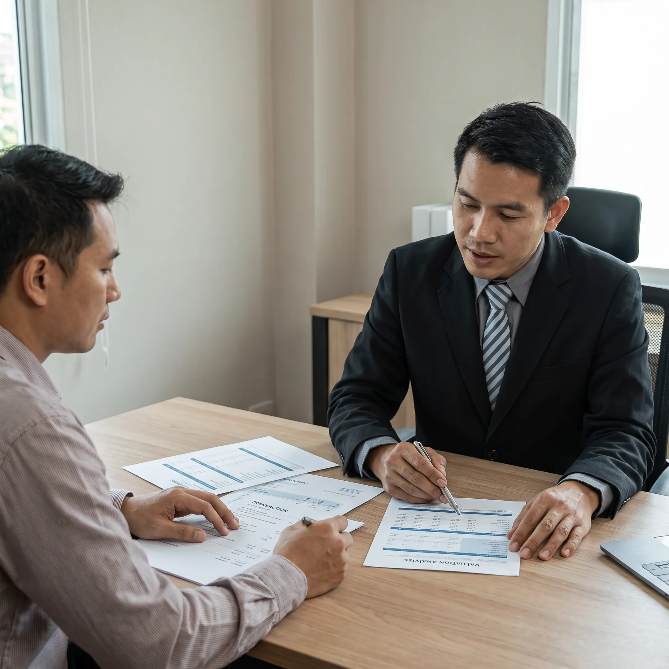 Business advisor discussing valuation strategy with an owner using financial documents