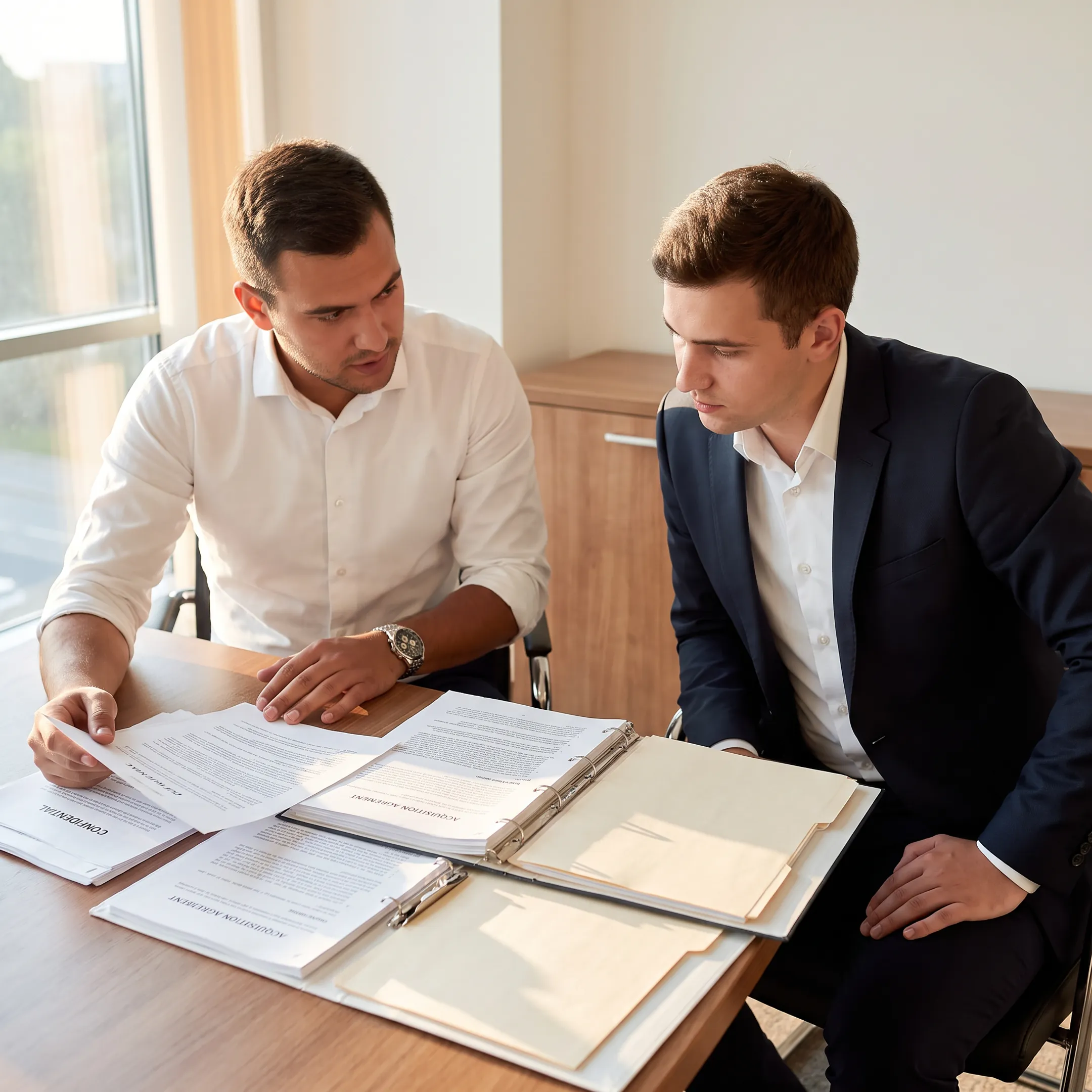 Business broker reviewing acquisition documents with a business owner near the North Carolina coast