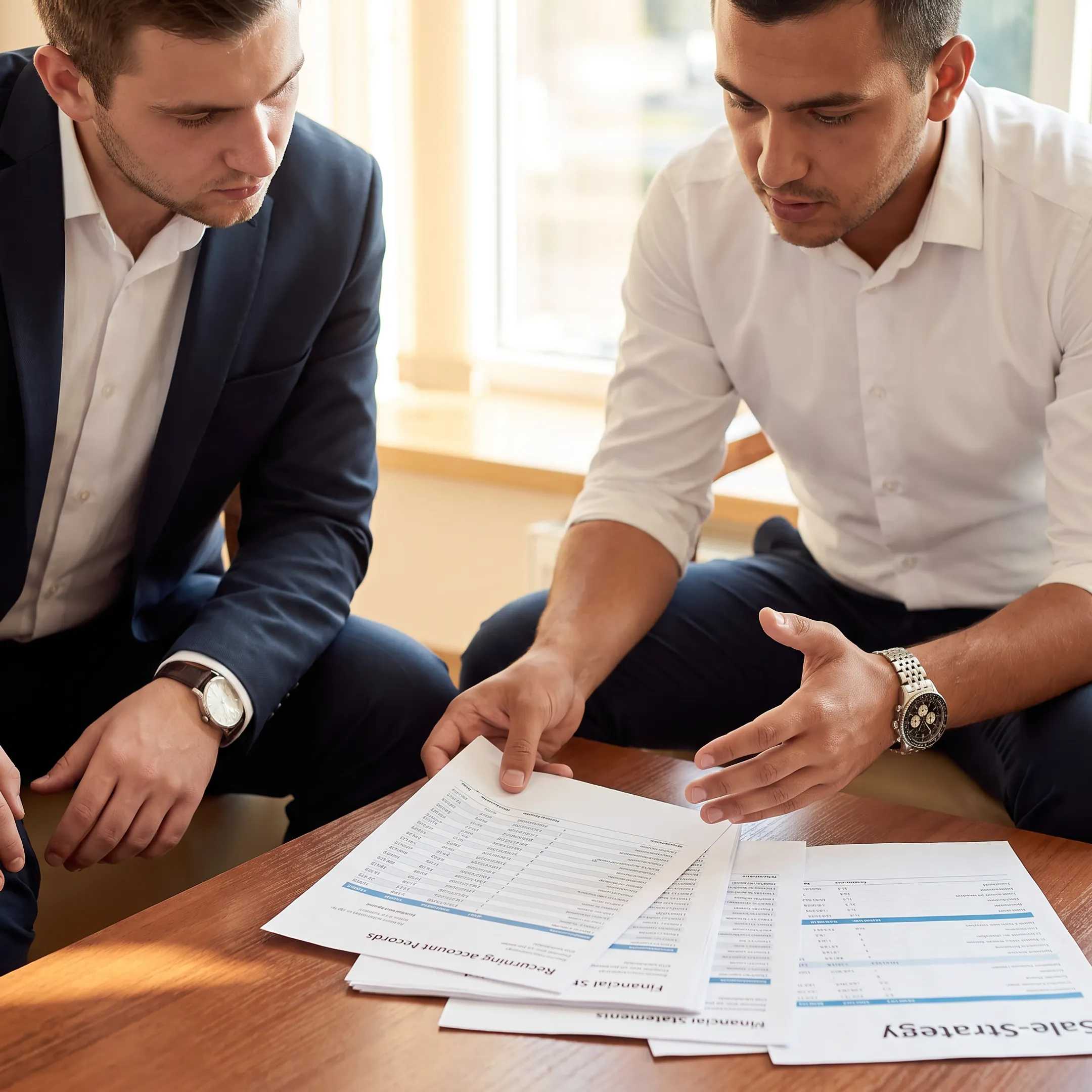 Business broker reviewing alarm company account financial documents with an owner