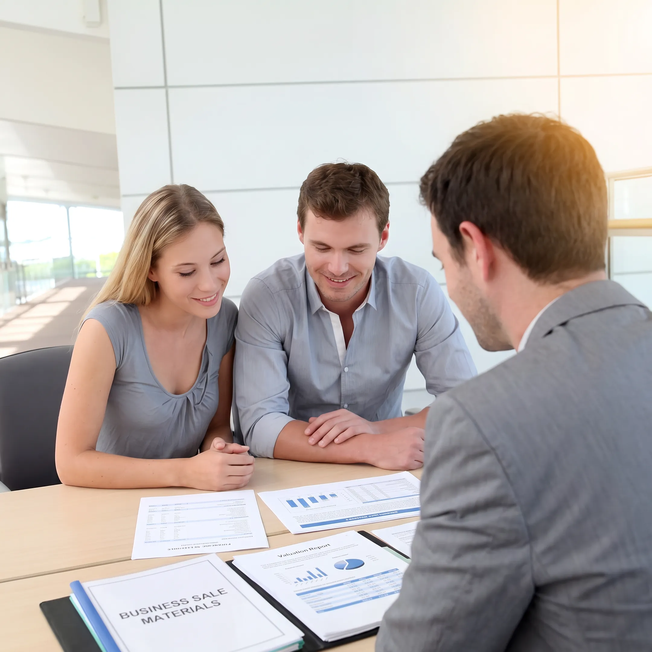 Business broker reviewing company documents with an owner during a confidential sale consultation
