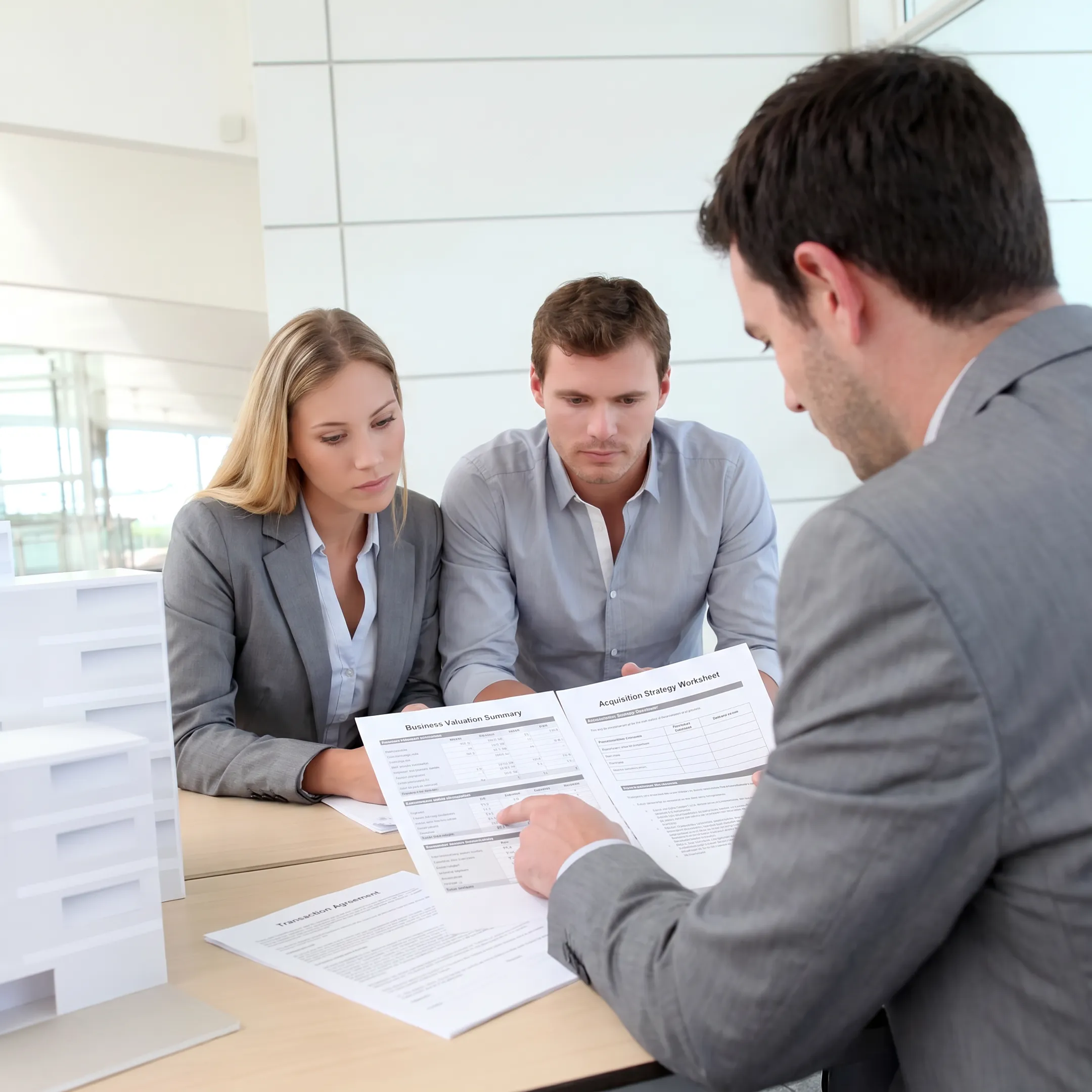 Business advisor presenting a confidential acquisition strategy to clients