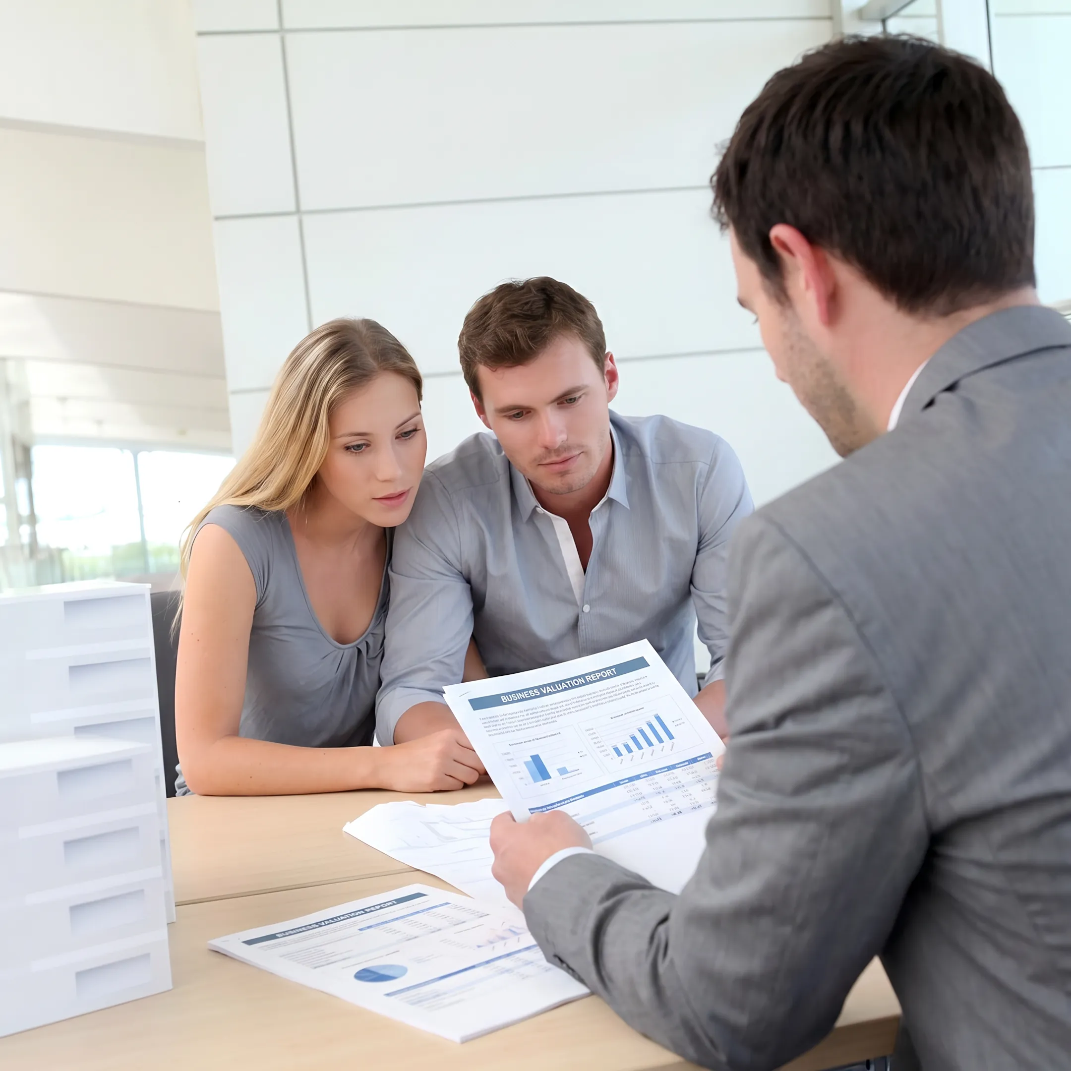 Business broker reviewing financial documents with a business owner during a confidential consultation