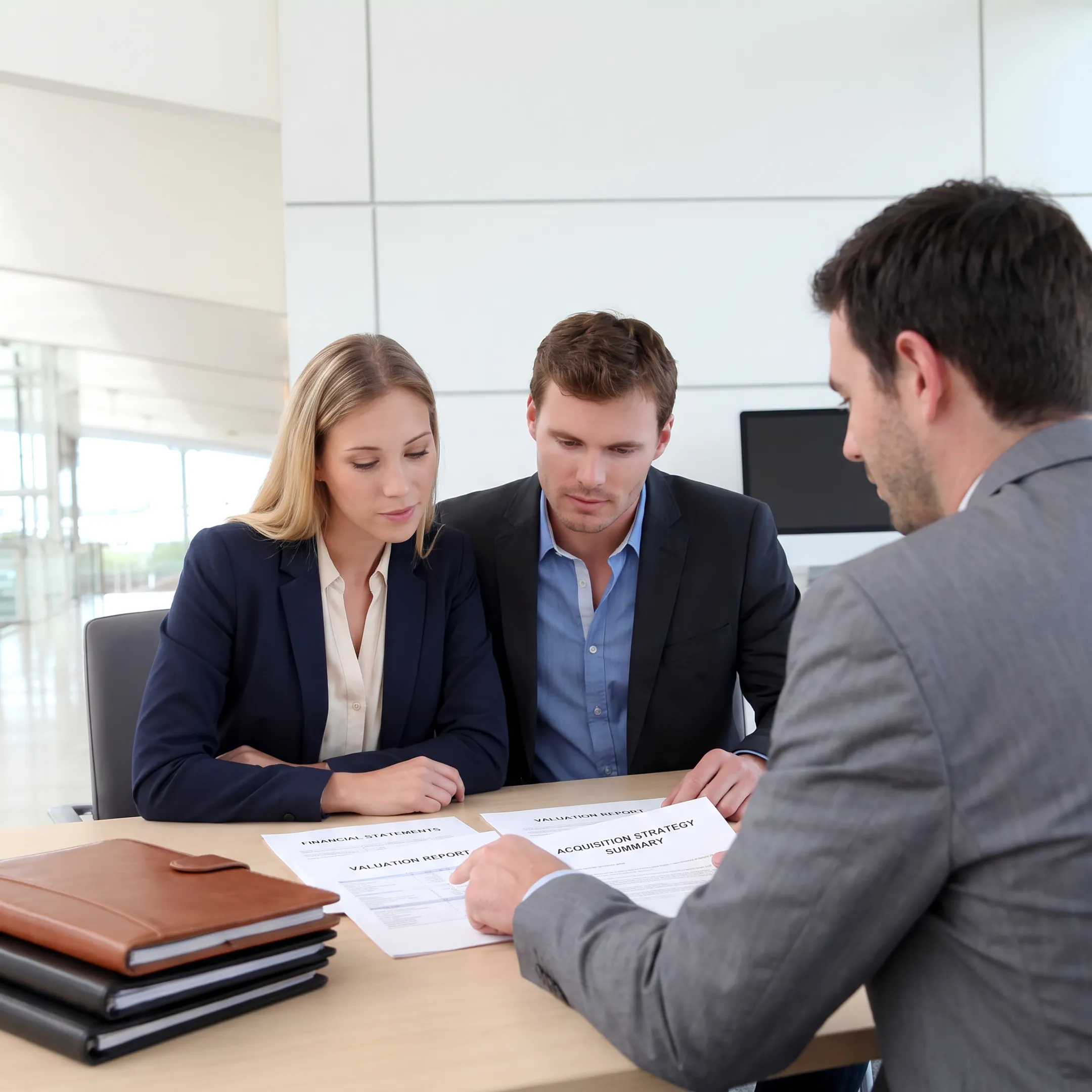 Business brokers reviewing acquisition documents with a business owner