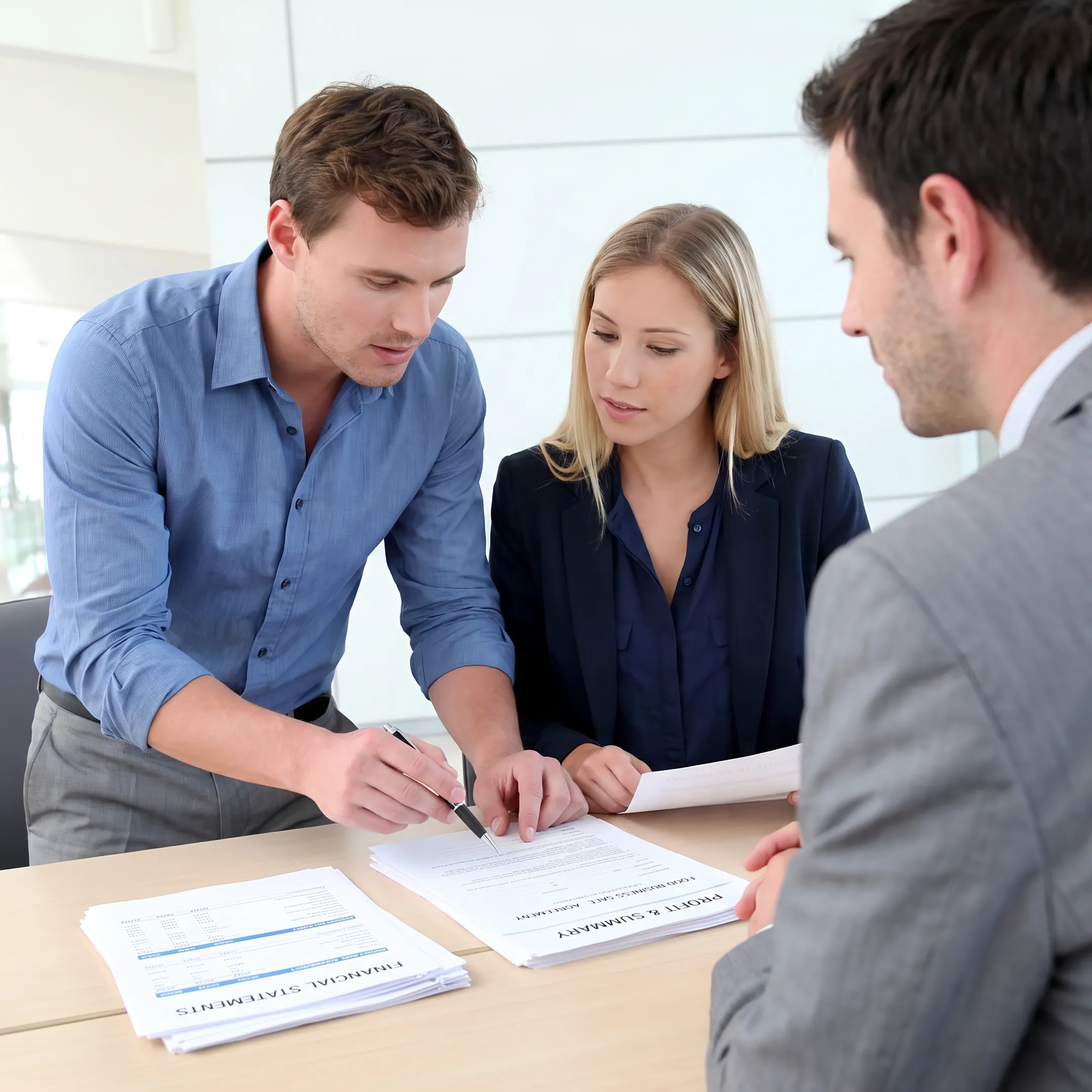 Business broker reviewing financial documents with a food business owner