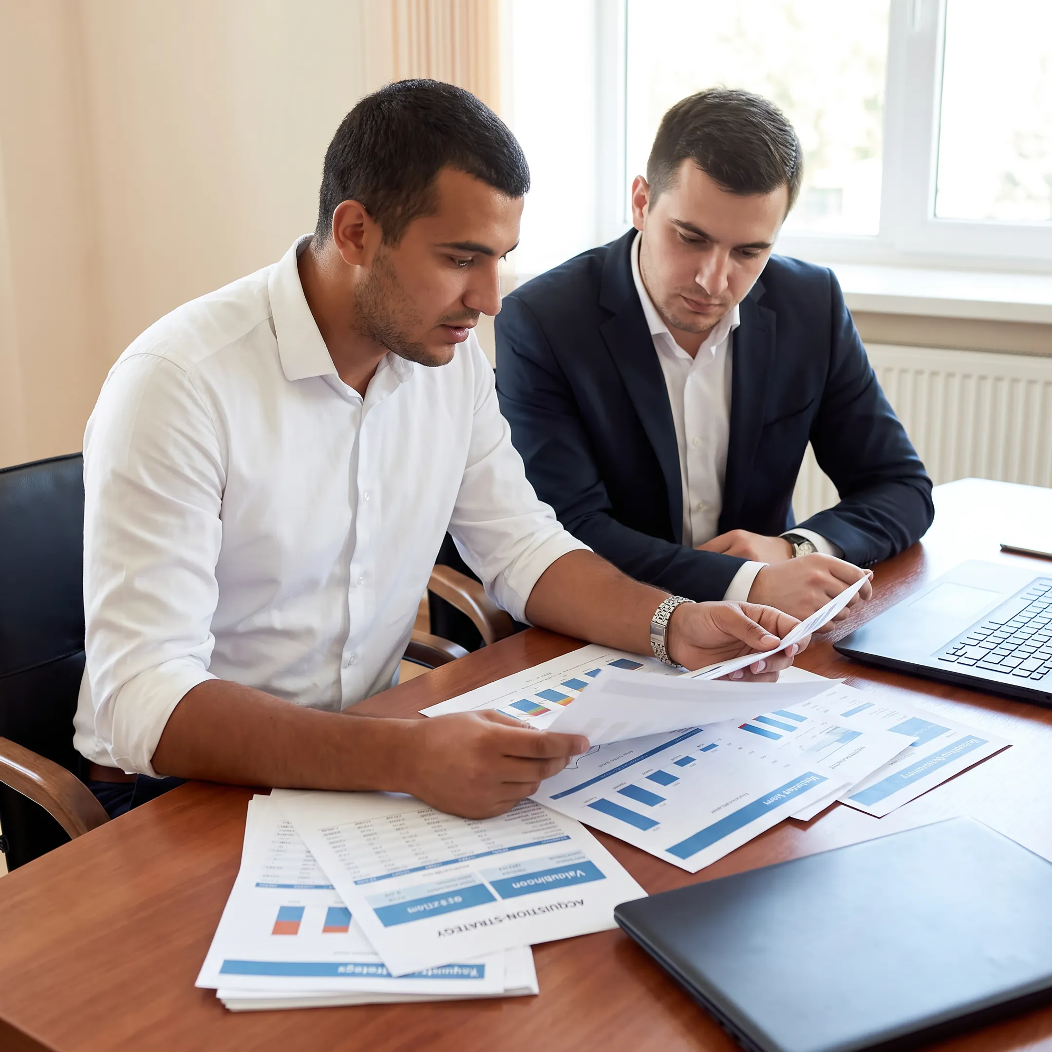 Business broker reviewing engineering firm financial documents with a client