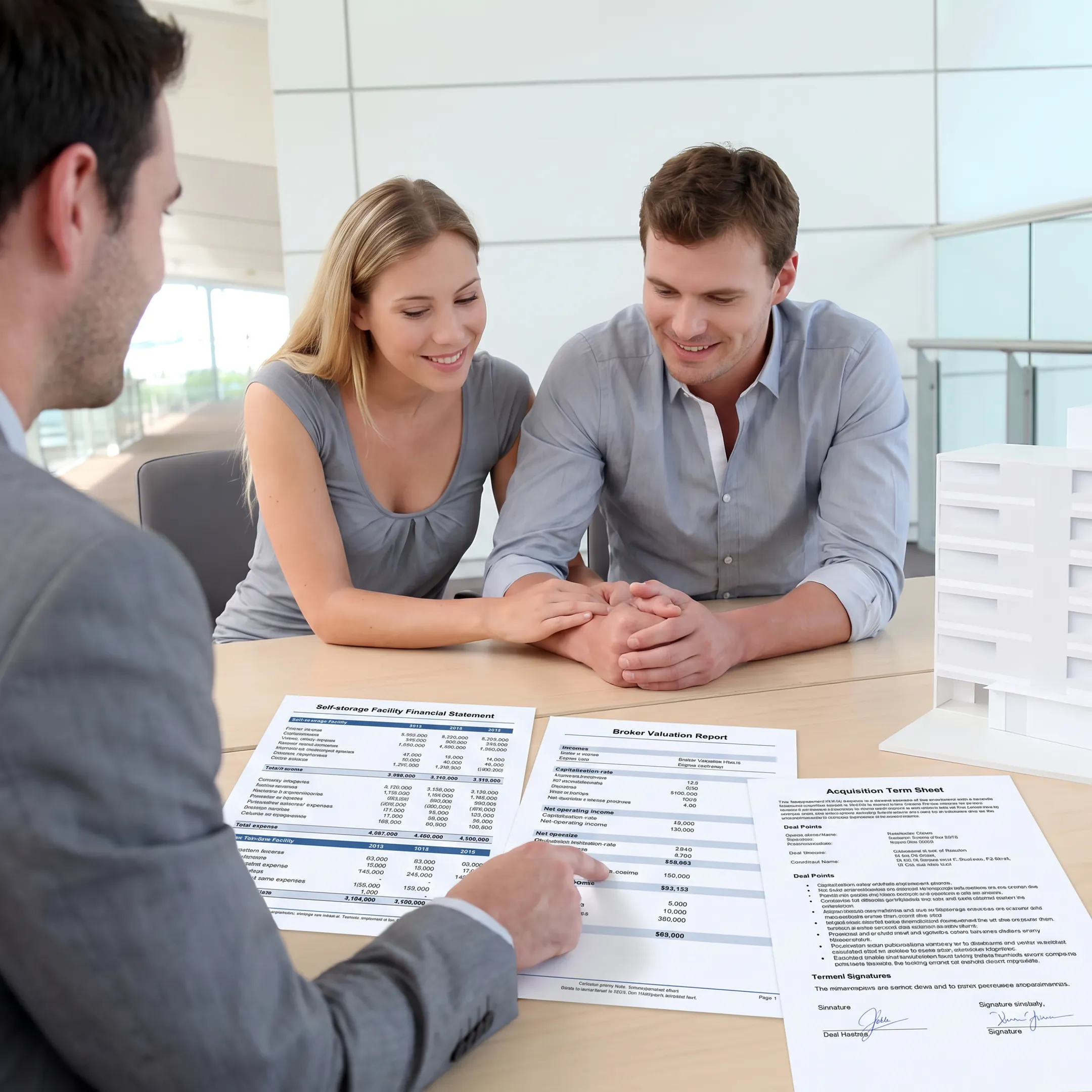 Business broker reviewing self-storage acquisition documents with a client