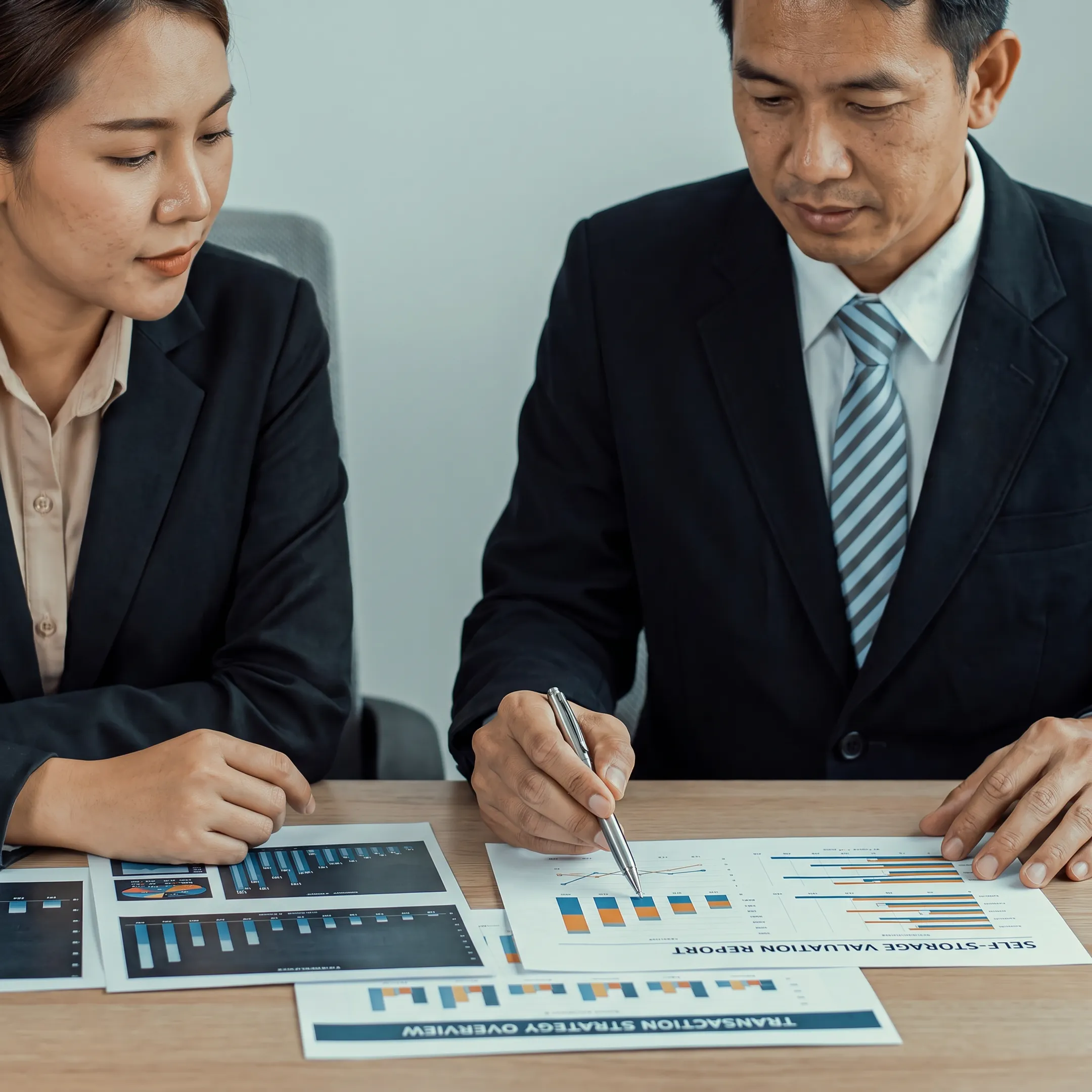 Advisor discussing self-storage business valuation with an owner