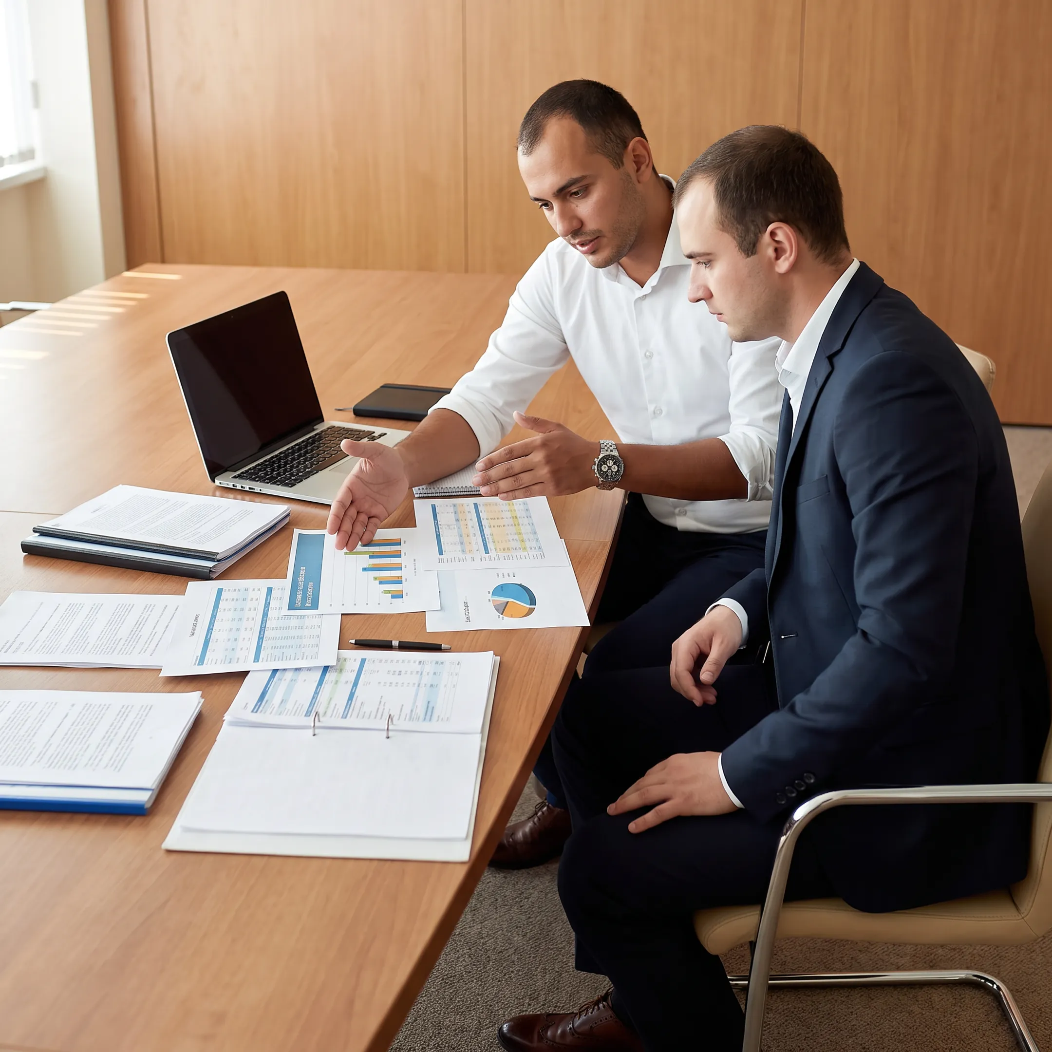 Business broker reviewing oil and gas company financial documents with a client