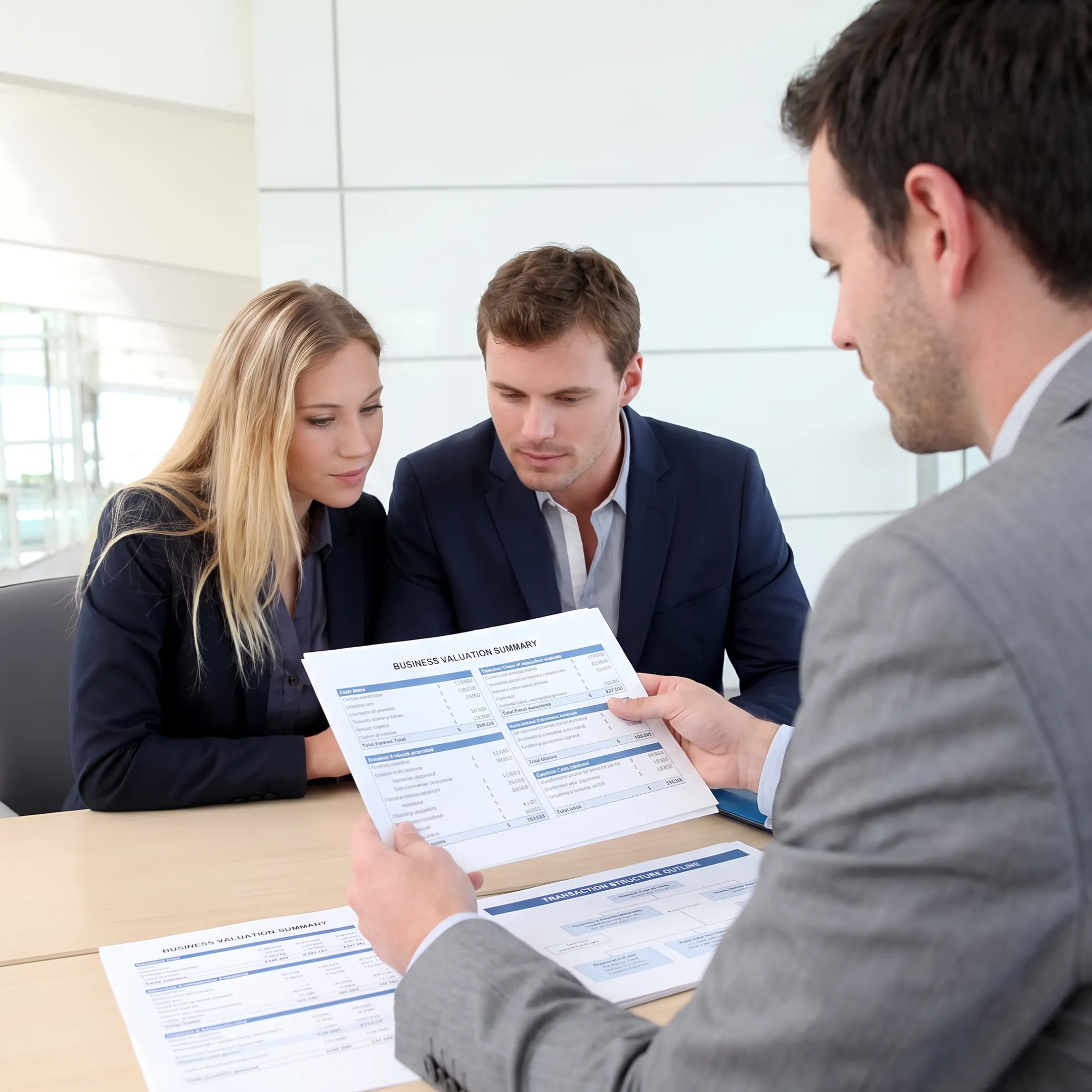 Business broker presenting a store valuation and transaction strategy to a client