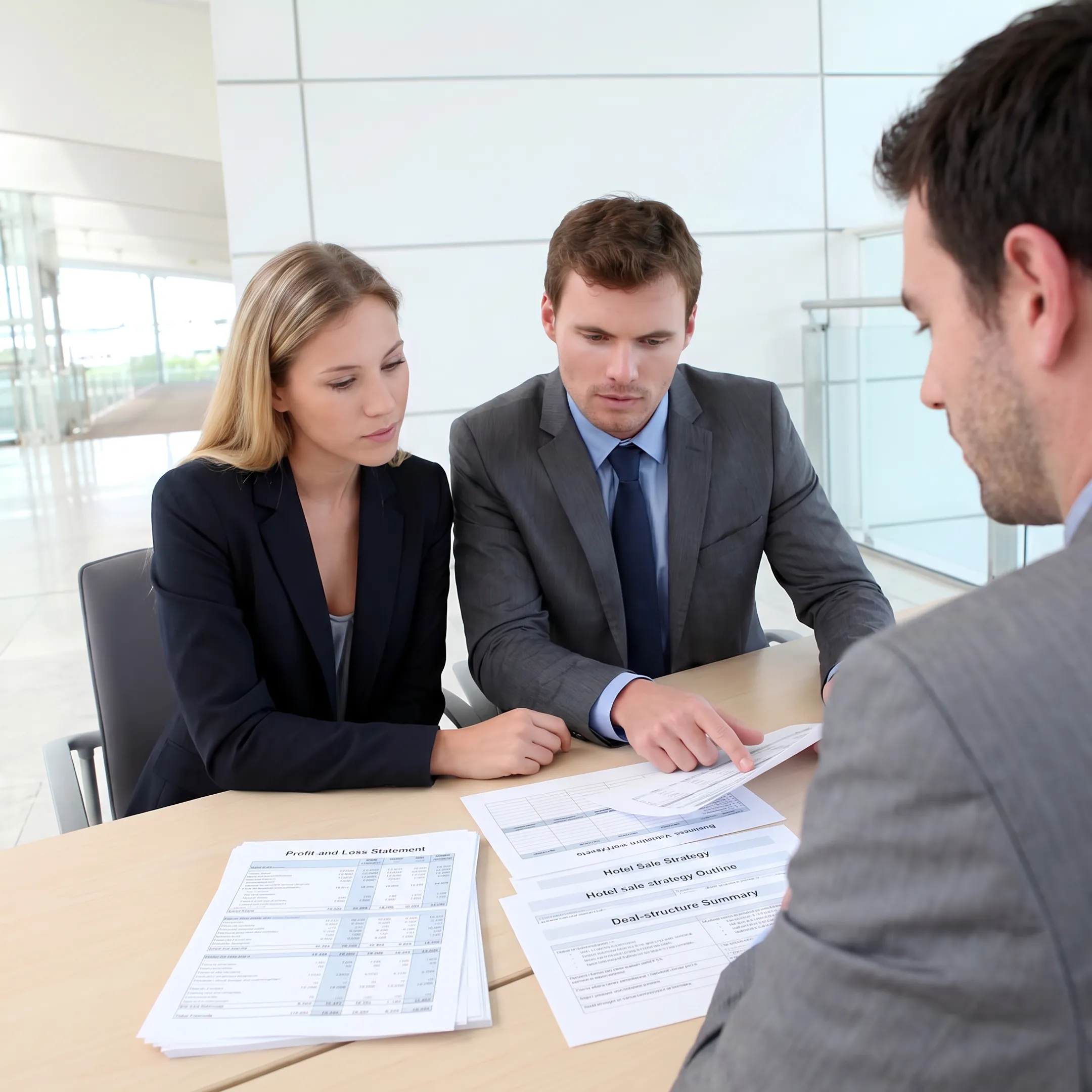 Business broker reviewing hotel sale documents with a hotel owner