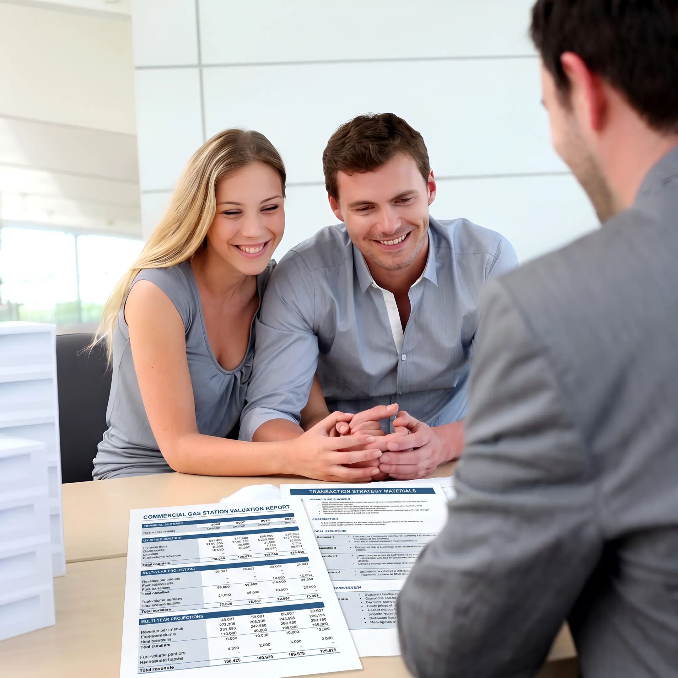 Advisor discussing commercial gas station acquisition strategy with business clients