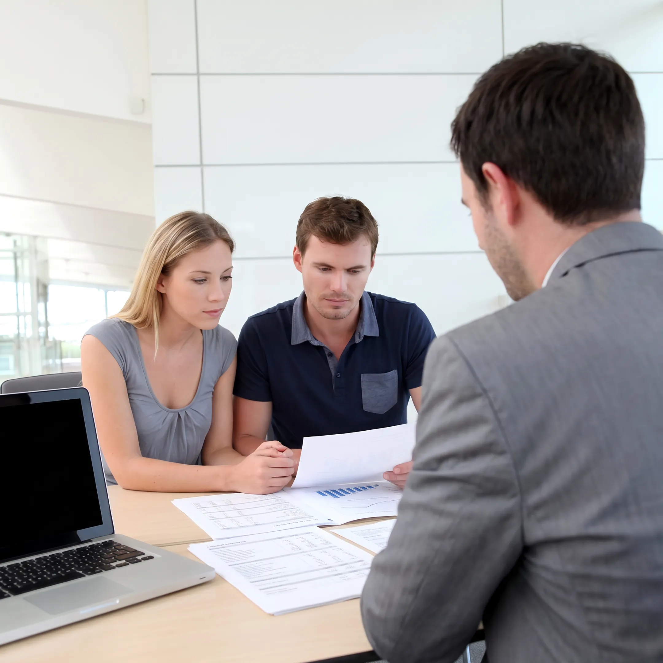 Business broker reviewing garage door company financial documents with an owner