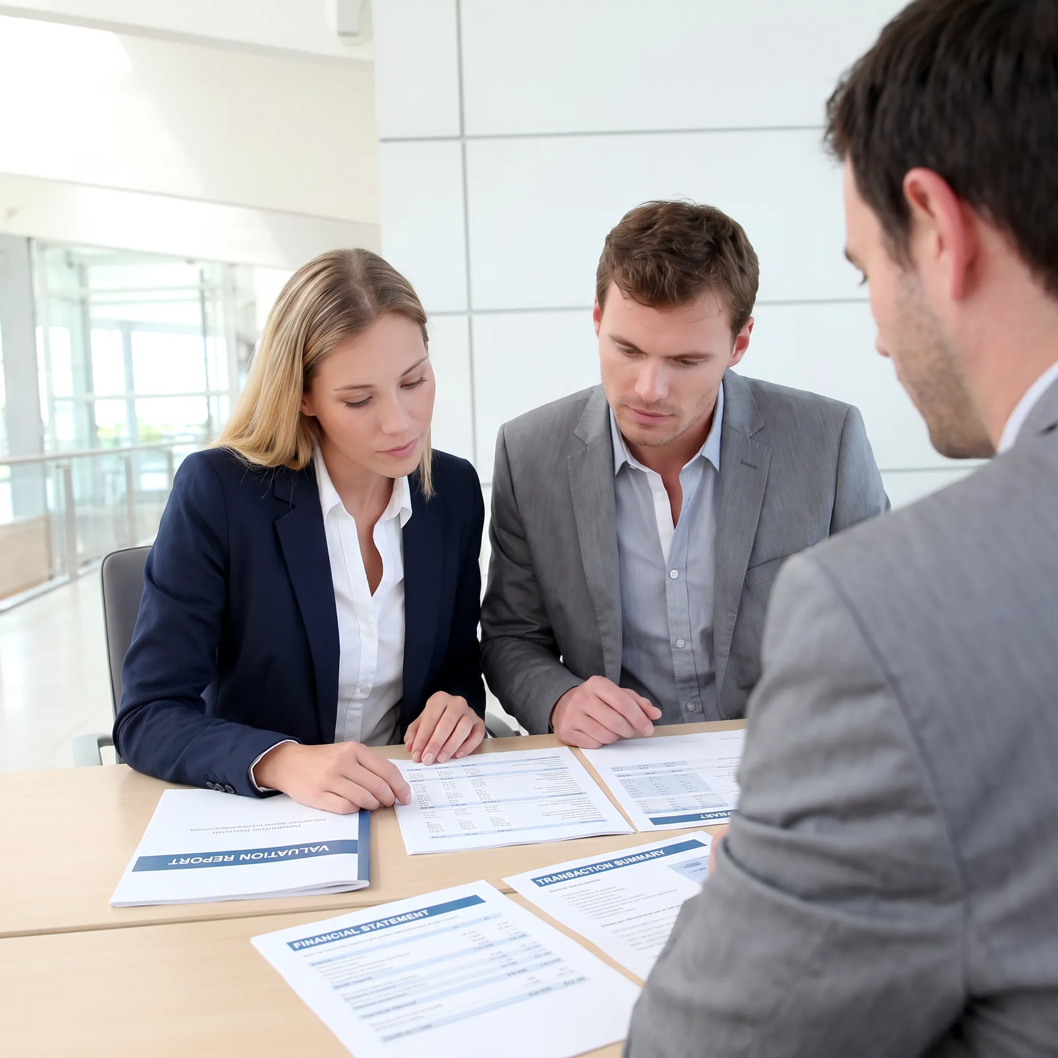 Business broker reviewing agriculture company financial documents with farm owner