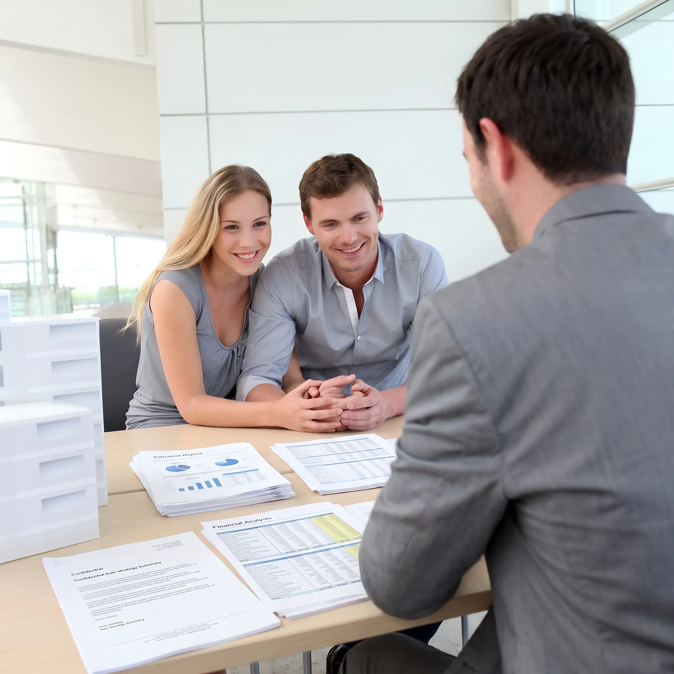 Business advisor discussing valuation documents with business owner