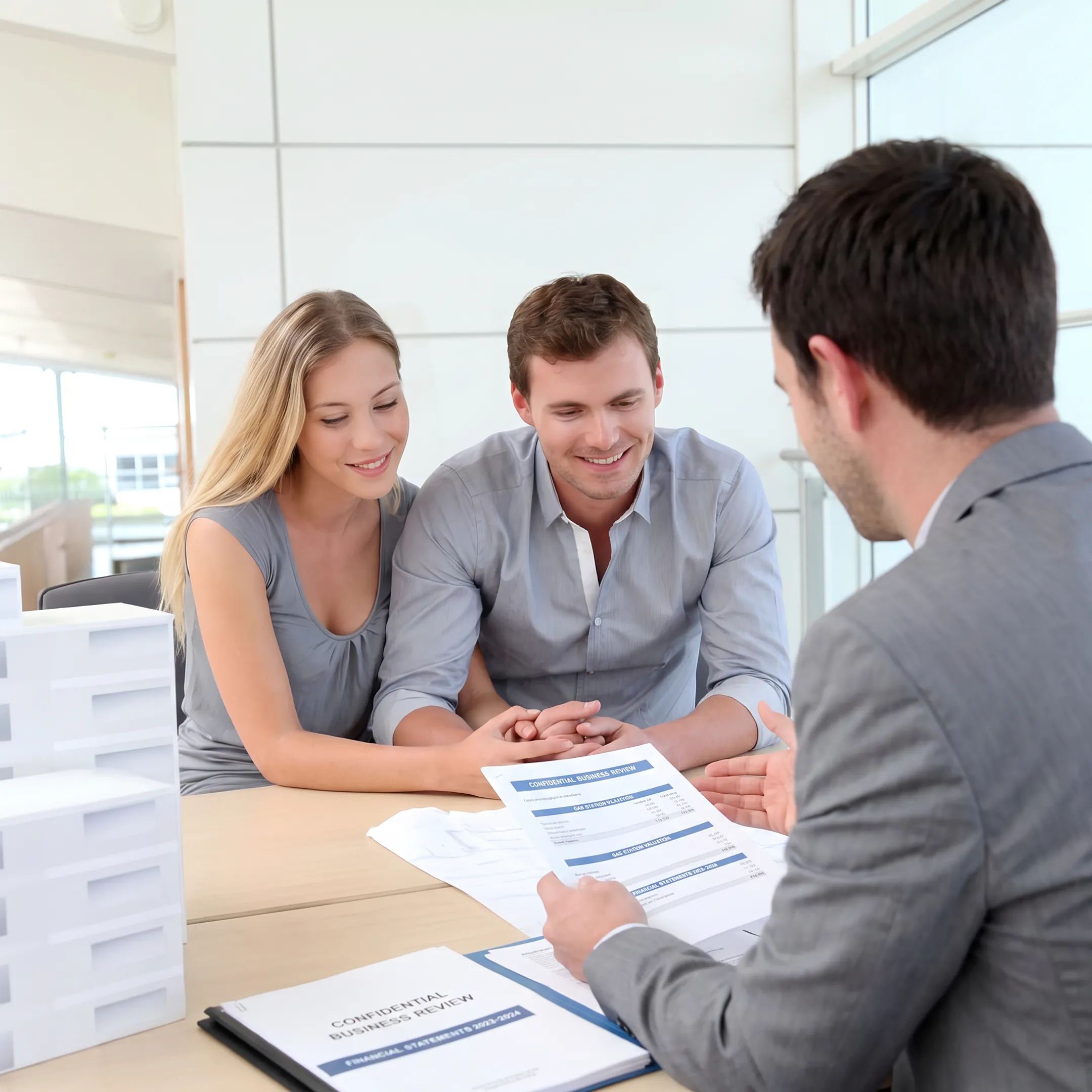 Business broker reviewing gas station sale documents with an owner