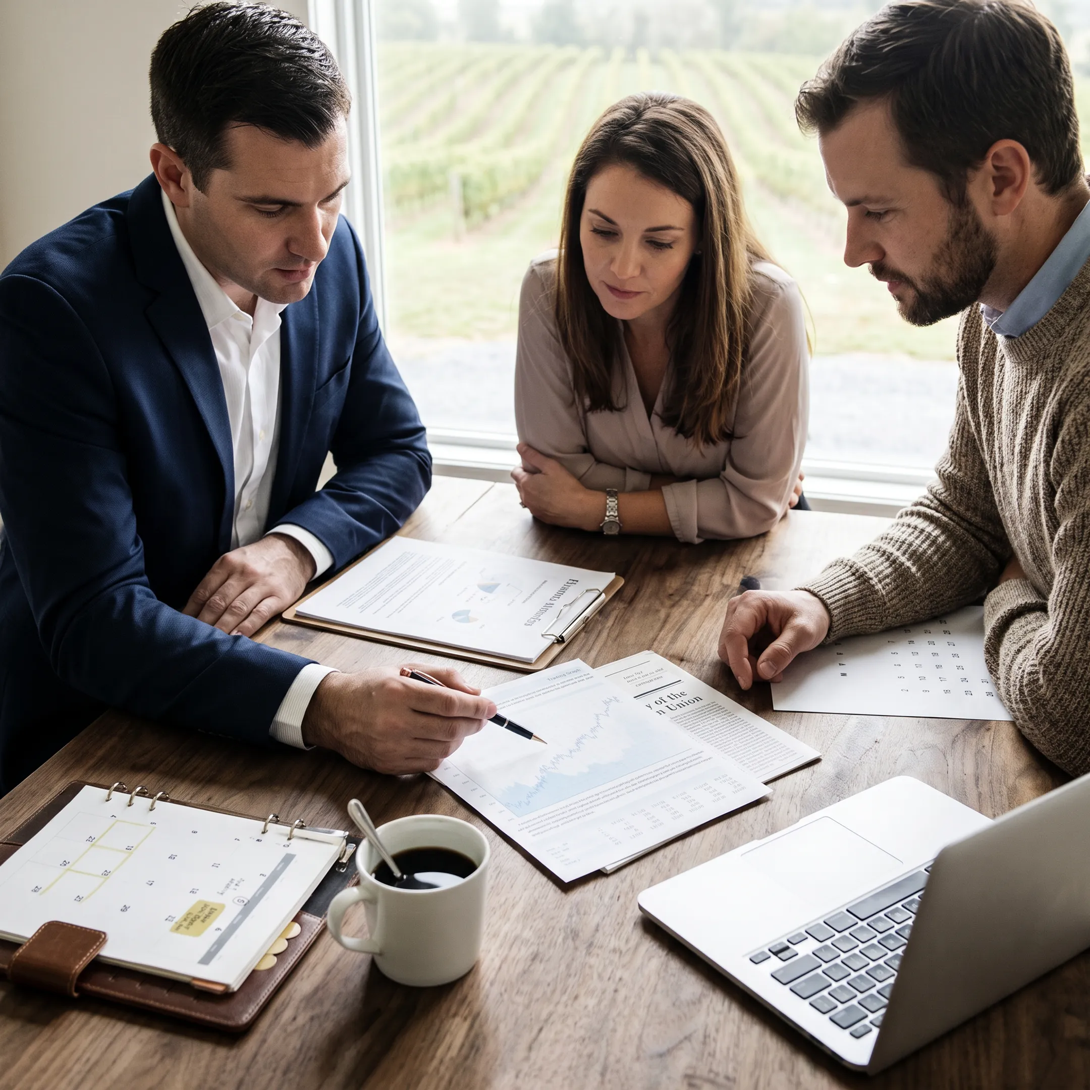 Business advisors reviewing winery financial documents with an owner