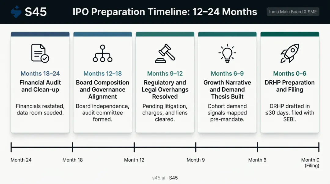 12 to 24 month IPO preparation timeline five-stage process flow for founders