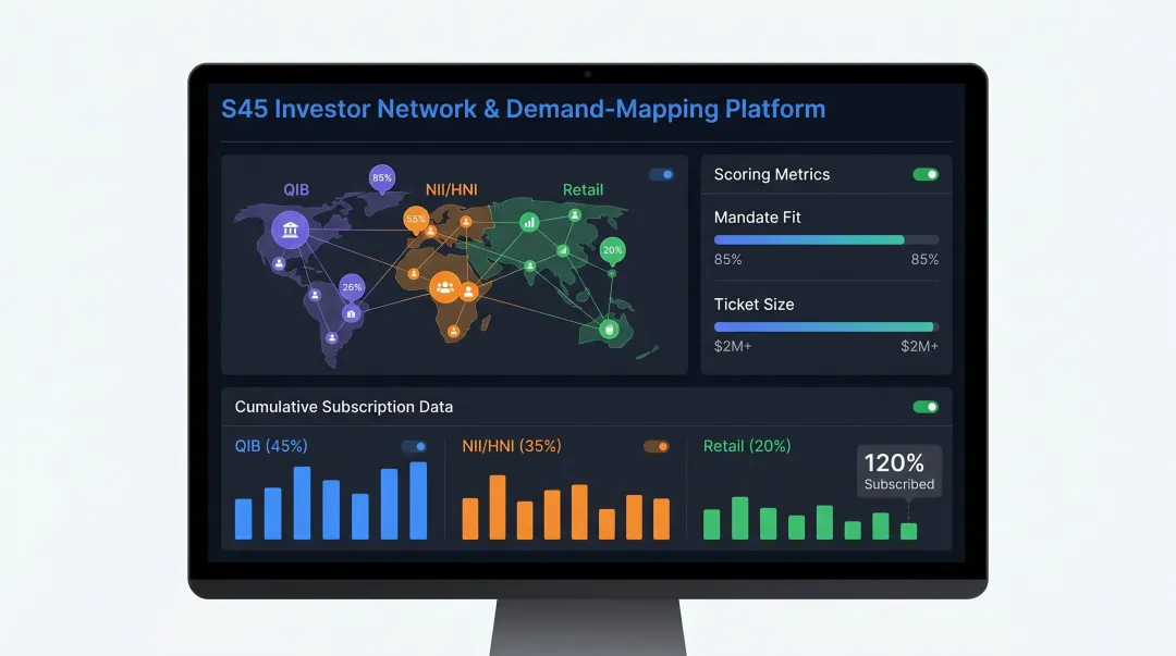 IPO investor network dashboard showing QIB NII and retail demand mapping analytics