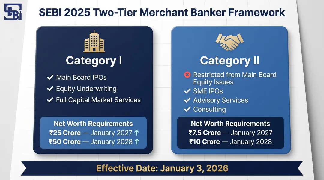 SEBI merchant banker Category I versus Category II two-tier framework comparison infographic