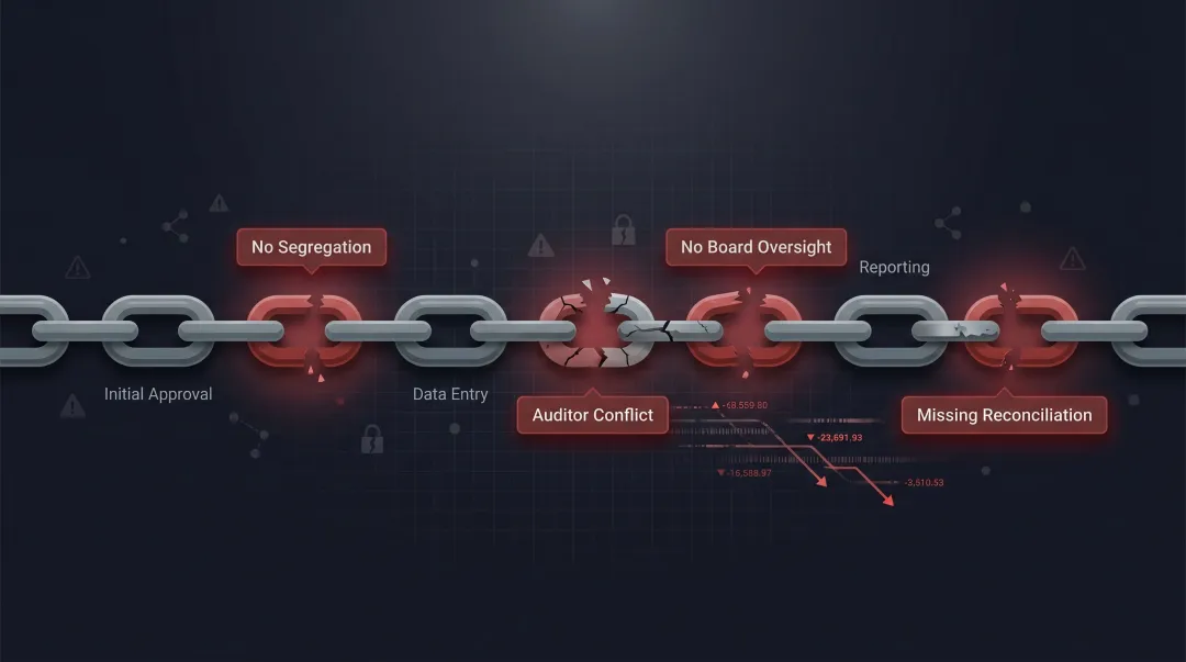 Corporate governance failure concept showing broken audit chain and missing oversight controls