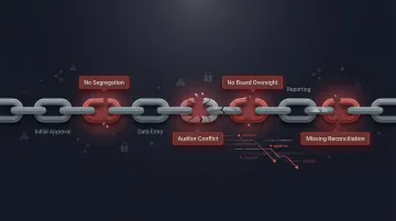 Corporate governance failure concept showing broken audit chain and missing oversight controls