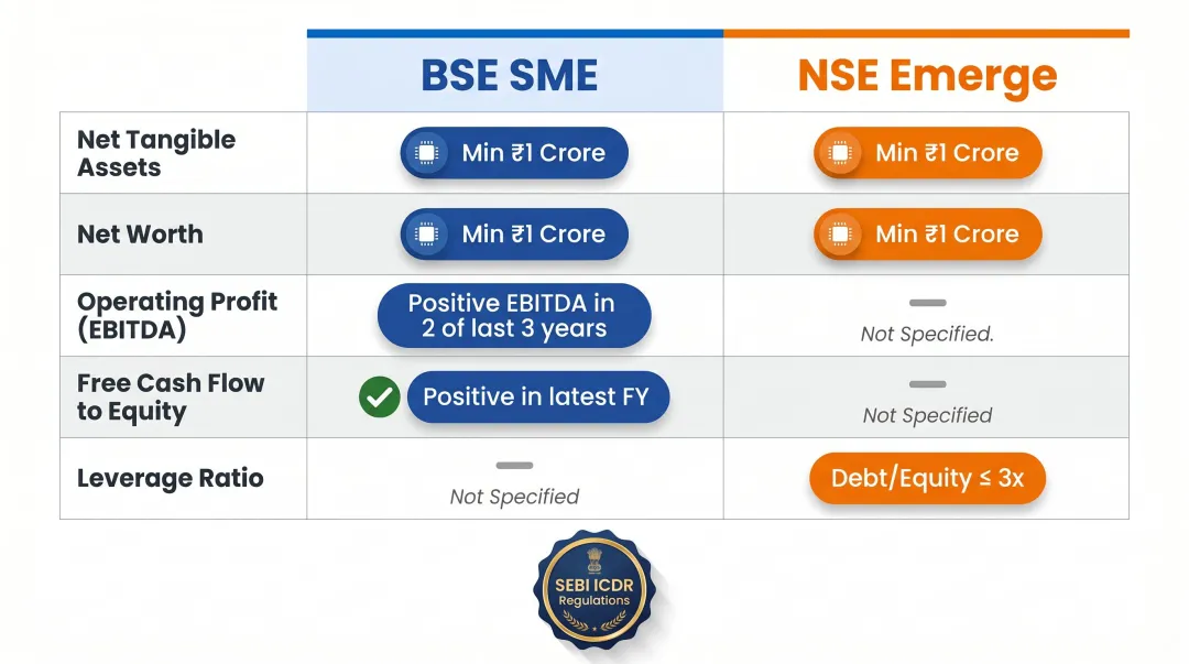 BSE SME versus NSE Emerge eligibility criteria side-by-side comparison infographic