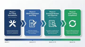 SME IPO four-phase governance process flow from pre-filing to post-listing