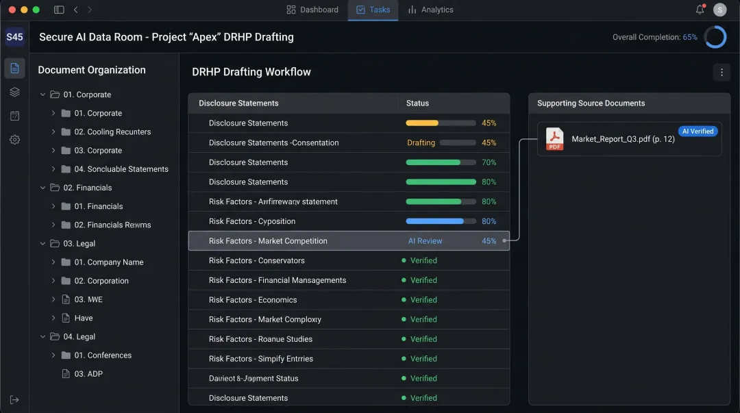 S45 AI-powered data room interface showing DRHP document drafting and evidence linking