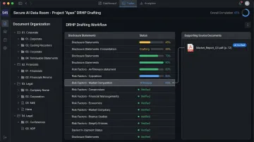 S45 AI-powered data room interface showing DRHP document drafting and evidence linking