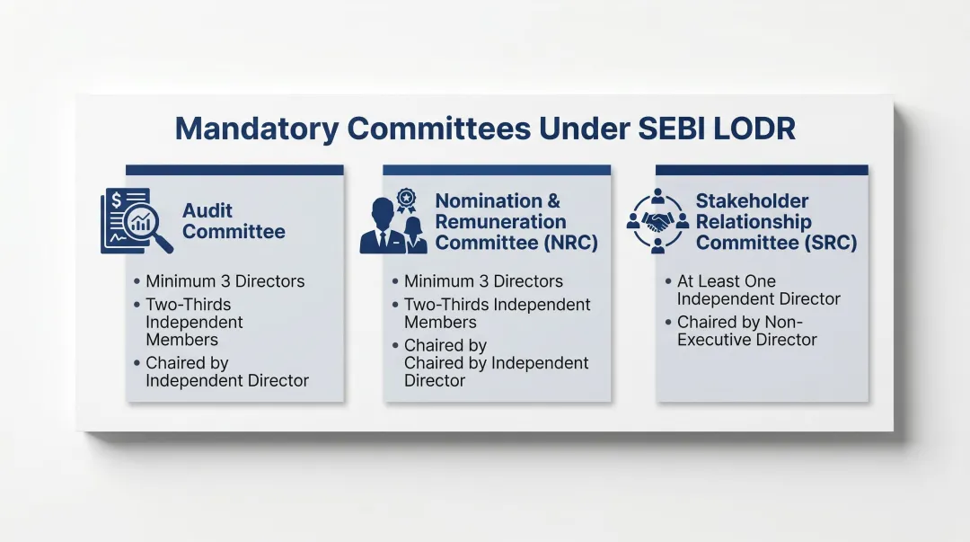 SEBI LODR mandatory board committees composition and chairperson requirements infographic
