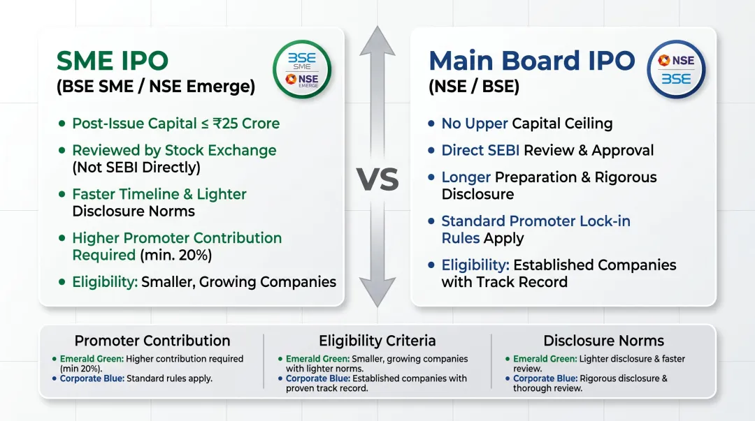SME IPO versus Main Board IPO two-route comparison infographic India