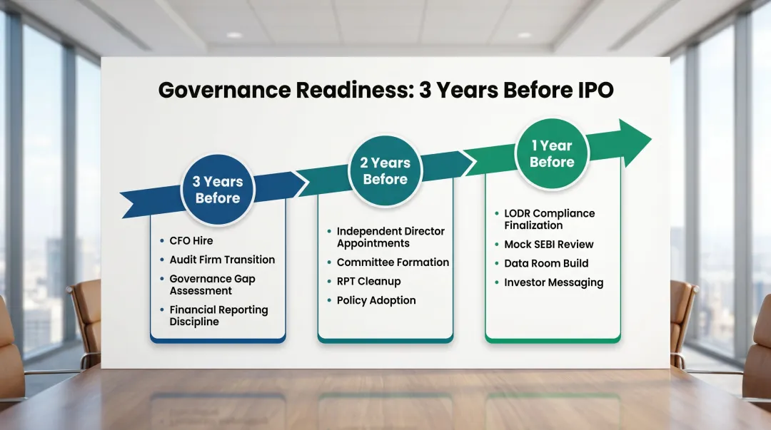 Three-year IPO governance readiness timeline from CFO hire to SEBI filing preparation