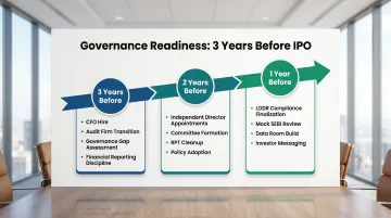 Three-year IPO governance readiness timeline from CFO hire to SEBI filing preparation