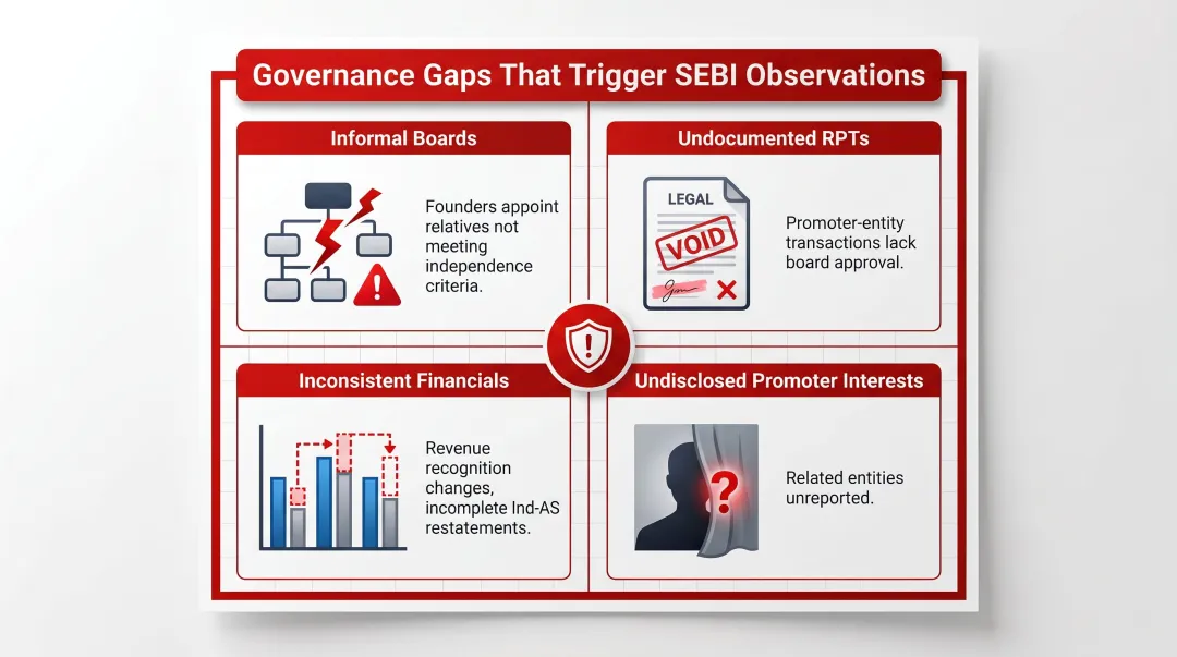 Four most common SME IPO governance failures infographic with descriptions and warning indicators