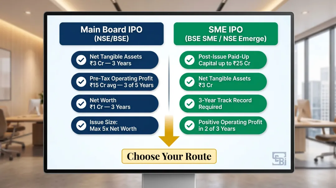 Main Board versus SME IPO eligibility requirements comparison infographic India