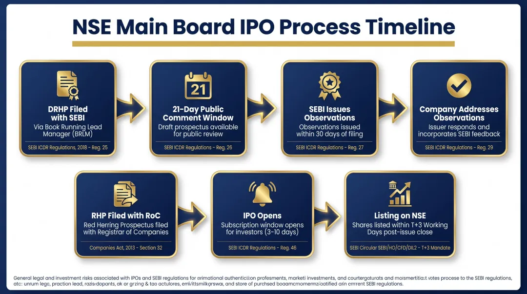 7-step NSE Main Board IPO timeline from DRHP filing to T+3 listing