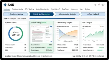 S45 AI-native investment banking platform dashboard showing IPO lifecycle workflow and analytics