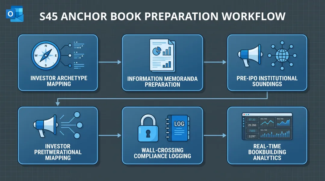 S45 anchor book building process showing investor mapping bookbuilding analytics and compliance workflow