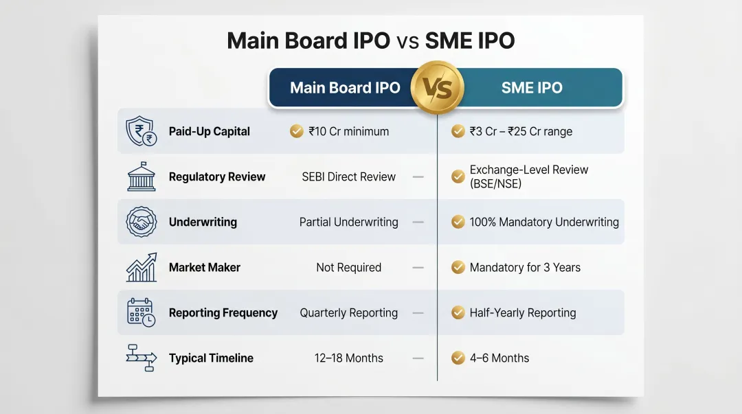 Main Board IPO versus SME IPO key differences side-by-side comparison chart
