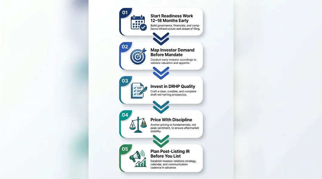 5-step pre-IPO preparation process from readiness audit to post-listing investor relations