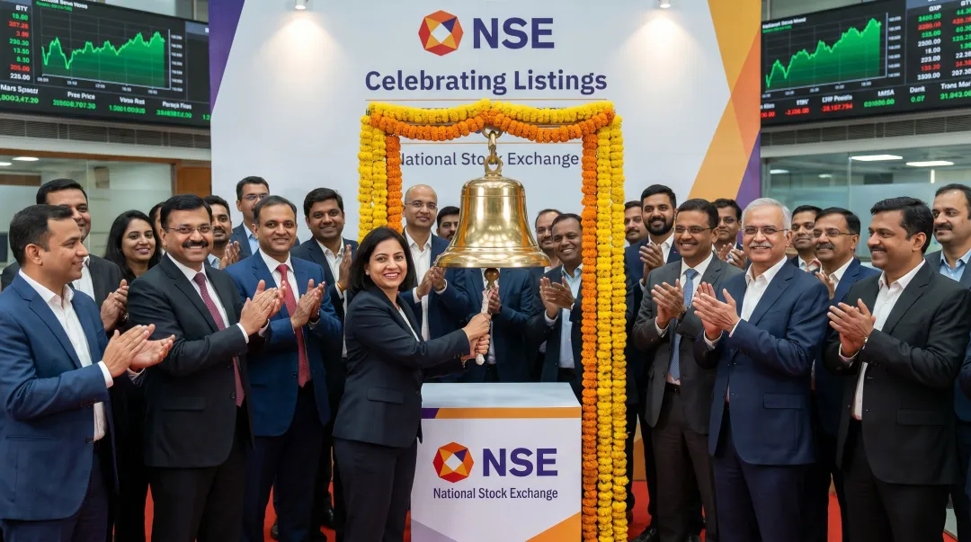 Indian stock exchange trading floor with BSE NSE mainboard listing activity