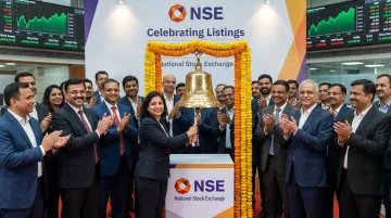 Indian stock exchange trading floor with BSE NSE mainboard listing activity