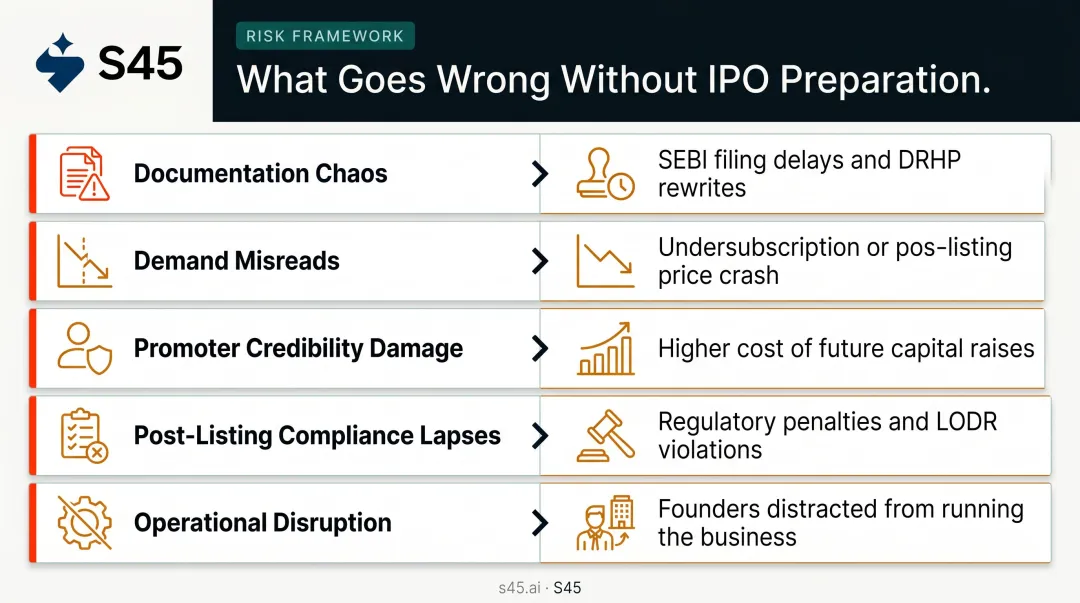 Five IPO preparation failure modes and consequences process breakdown infographic